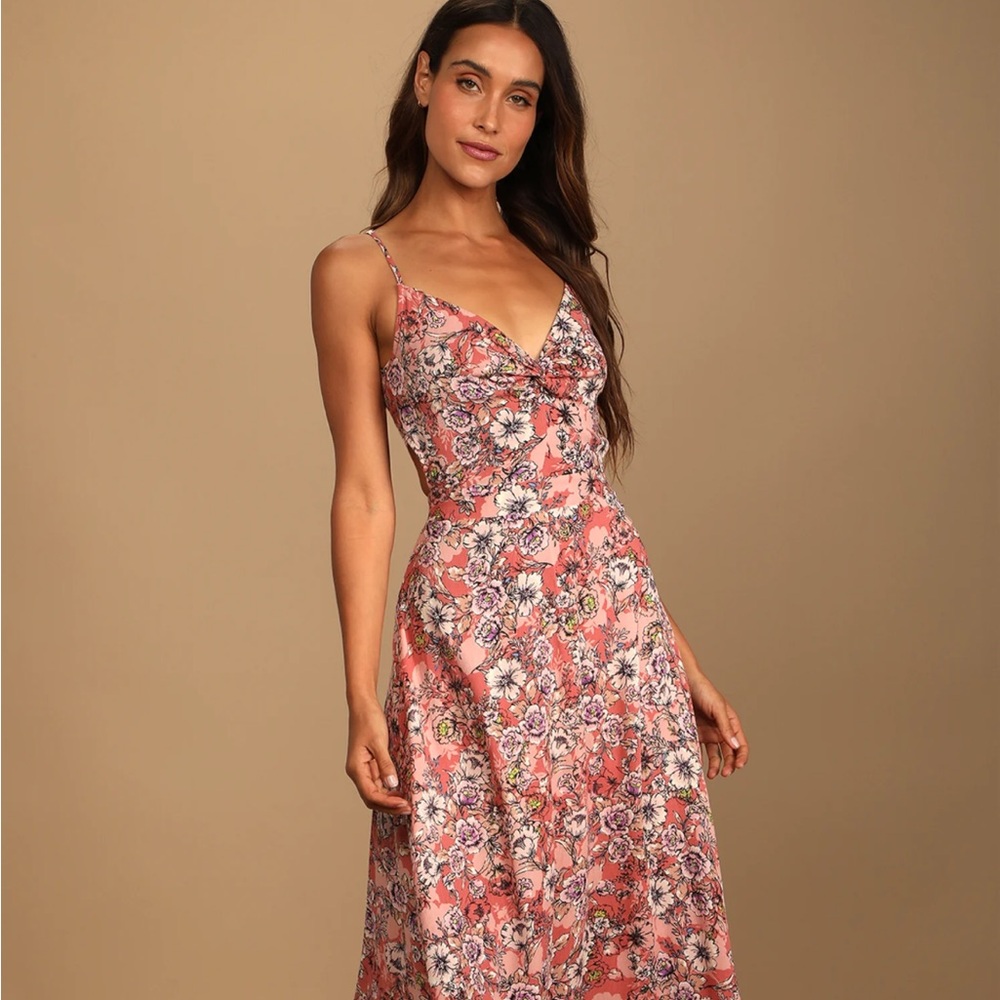 Ties with you rose pink floral print tie back midi dress